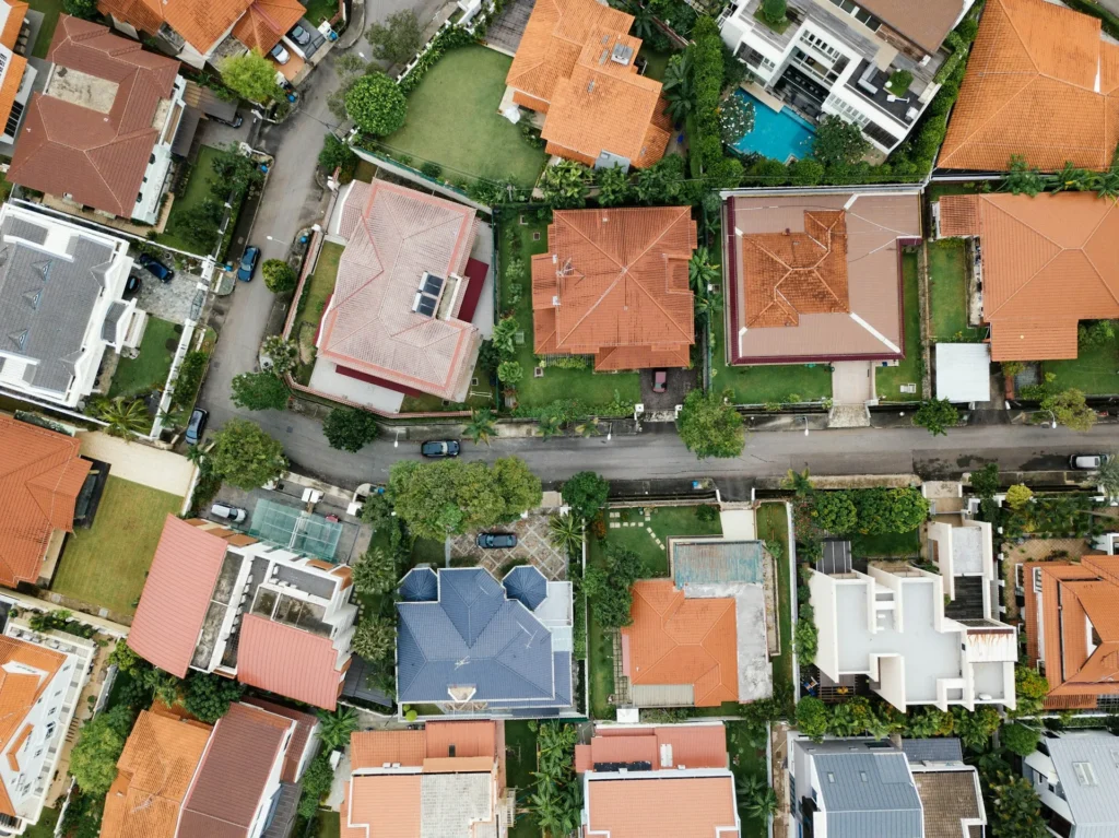 Aerial view of multiple properties